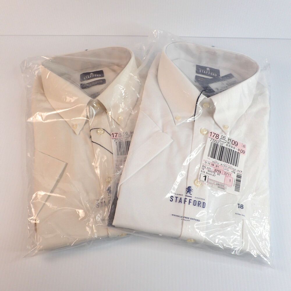 Stafford Men’s Wrinkle Free Oxford Ecru & White Dress Shirt 18 X-Tall S/S X 2